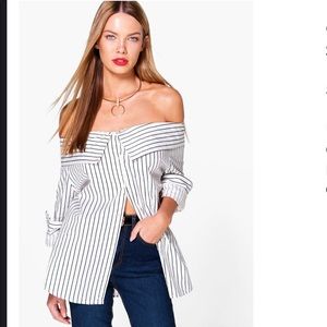 OffShoulder Stripe Button Shirt